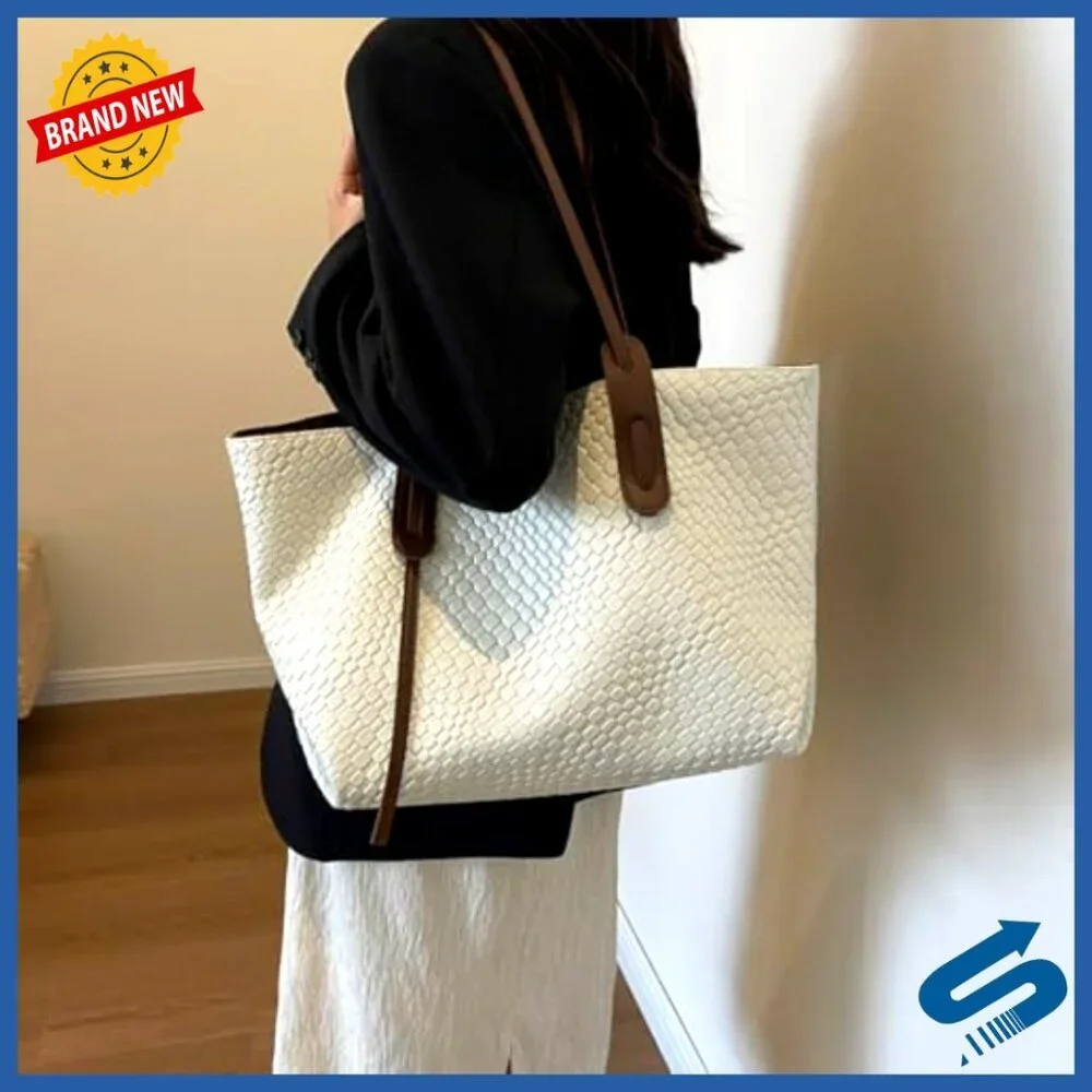 Large Woven Leather Tote Shoulder Bag Elegant Classic Work Satchel Handbag